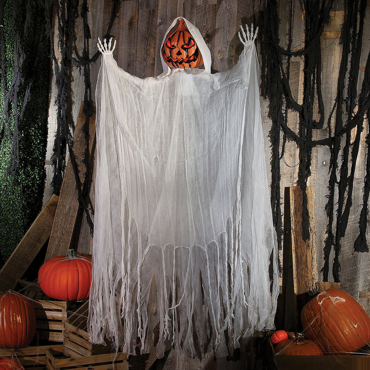 Haunting 5 Ft 6 Hanging Animated White Robe Pumpkin Man Halloween Decoration for Spooky Parties and Gloomy Decor