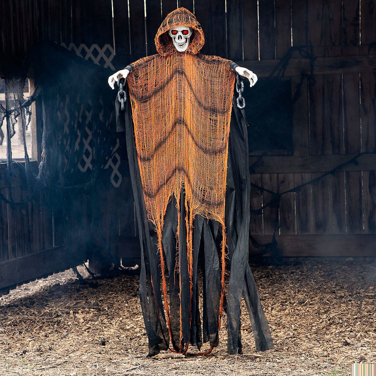 Spooky Light-Up Skeletal Reaper in Orange Robes for Halloween Parties and Haunted House Decor