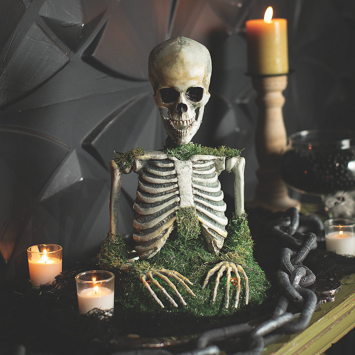 Enchanting Animated Mossy Skeleton Tabletop Decoration for Halloween Party and Spooky Events