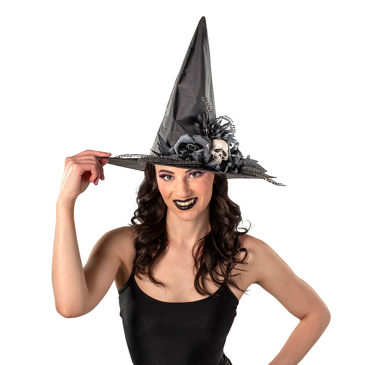 Black Flowers Skull Polyester Witch Hat for Halloween Costumes and Spooky Costume Parties