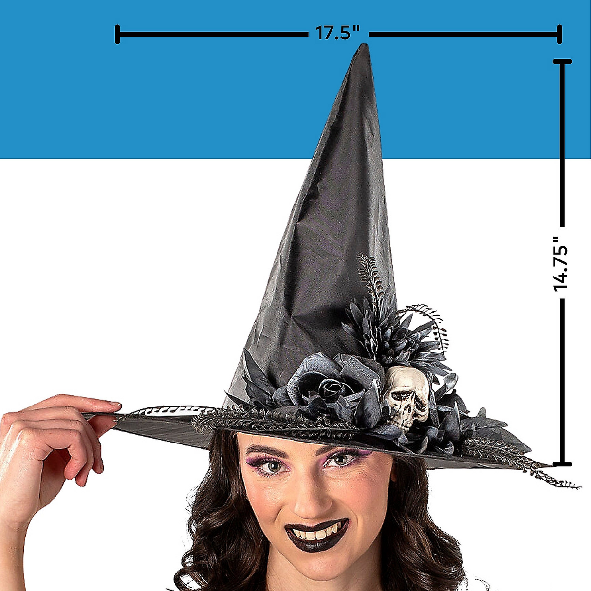 Black Flowers & Skull Polyester Witch Hat Costume Accessory, 17 1/2" x 14 3/4"