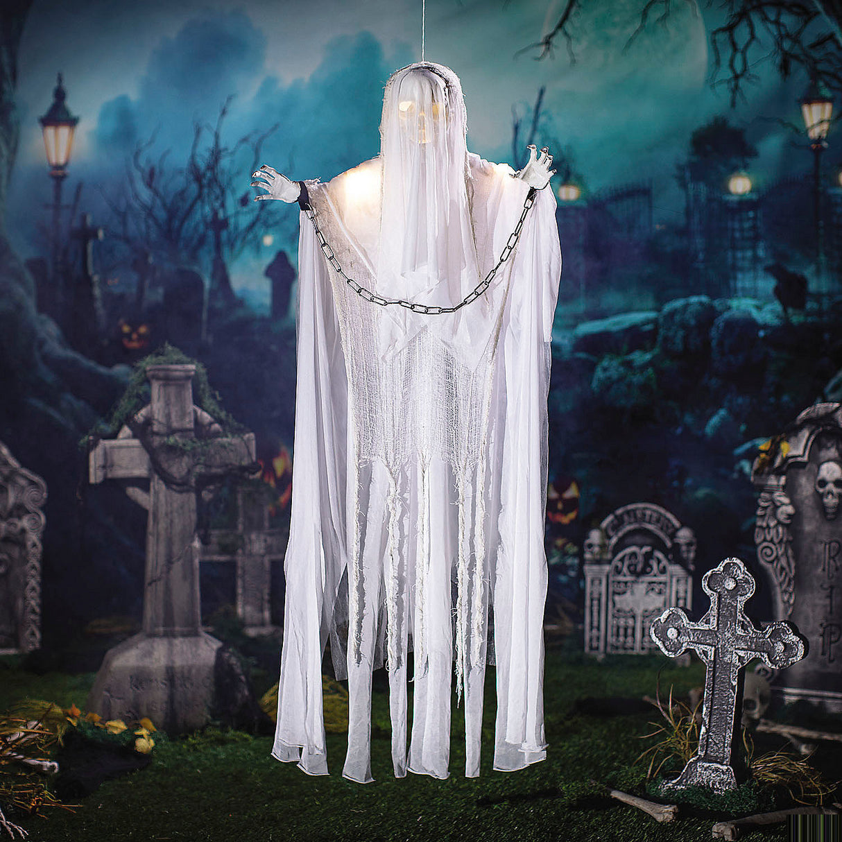 Animated Hanging White Grim Reaper Halloween Decoration with Lights and Sound for Halloween Parties and Spooky Decor