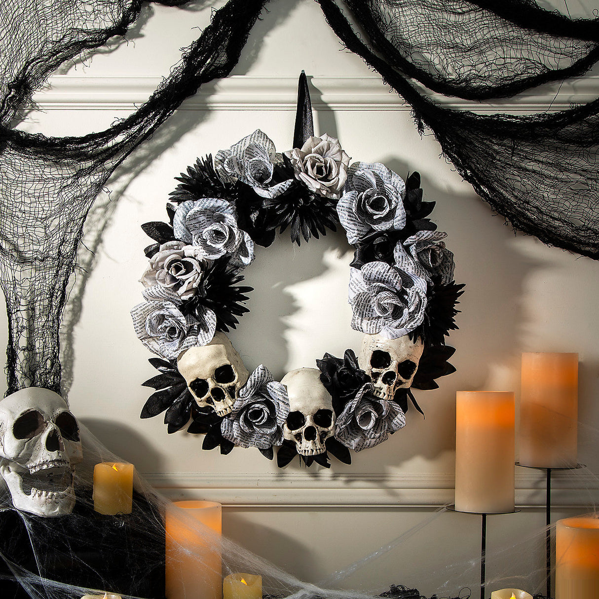 Elegant White Roses Wreath with Skulls for Halloween Home Decor and Haunted Celebrations