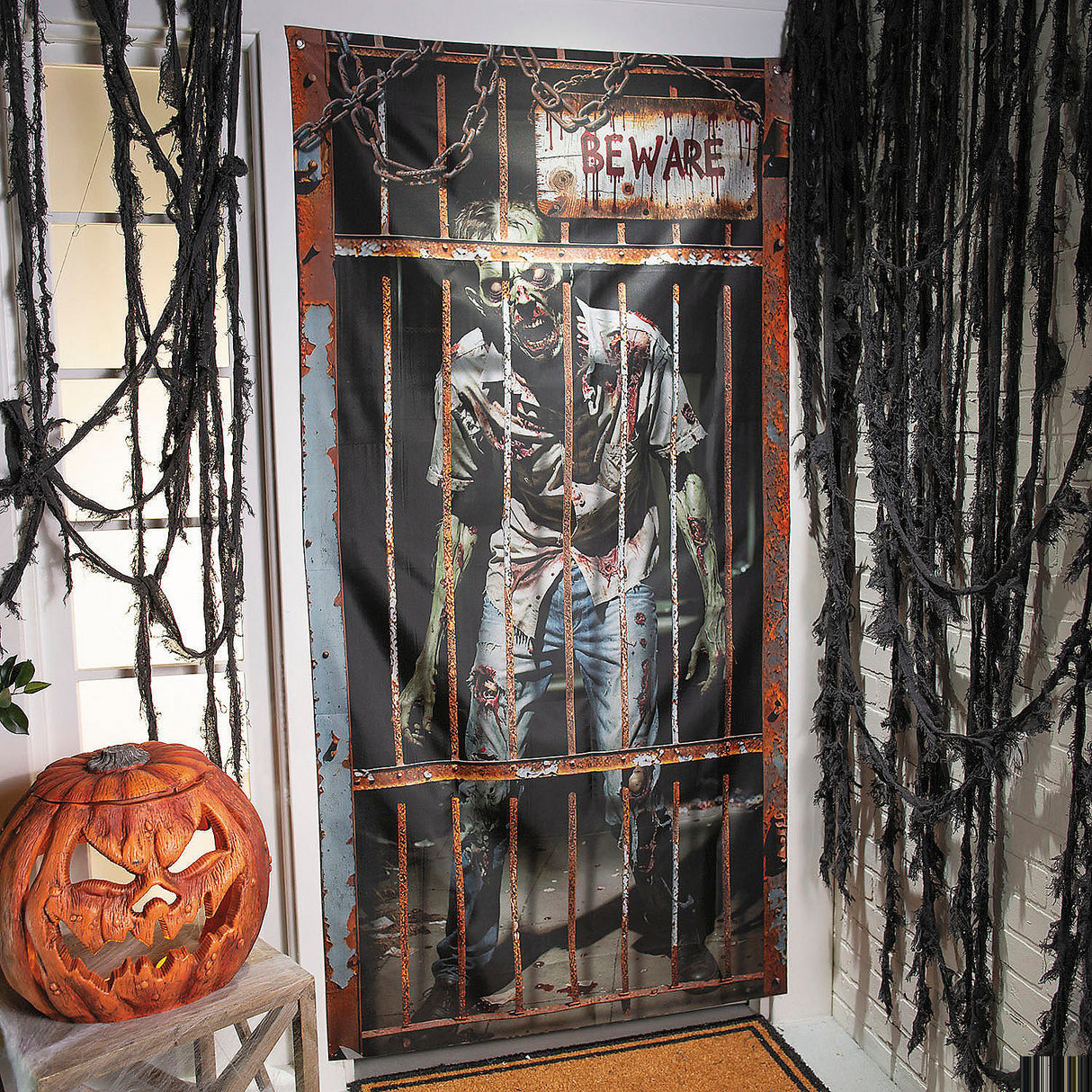 Spooky Zombie In Locked Cage Door Curtain for Halloween Decorations and Haunted House Themes