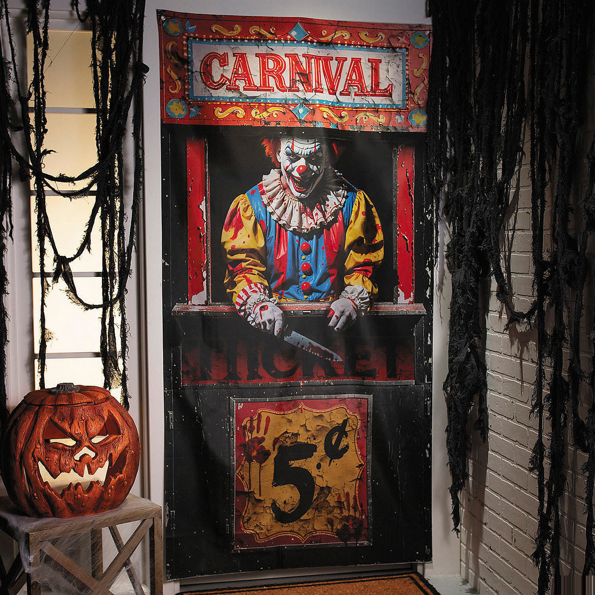Spooky Carnival Booth with Bloody Clown Door Curtain for Halloween Party Decorations and Haunted House Setup