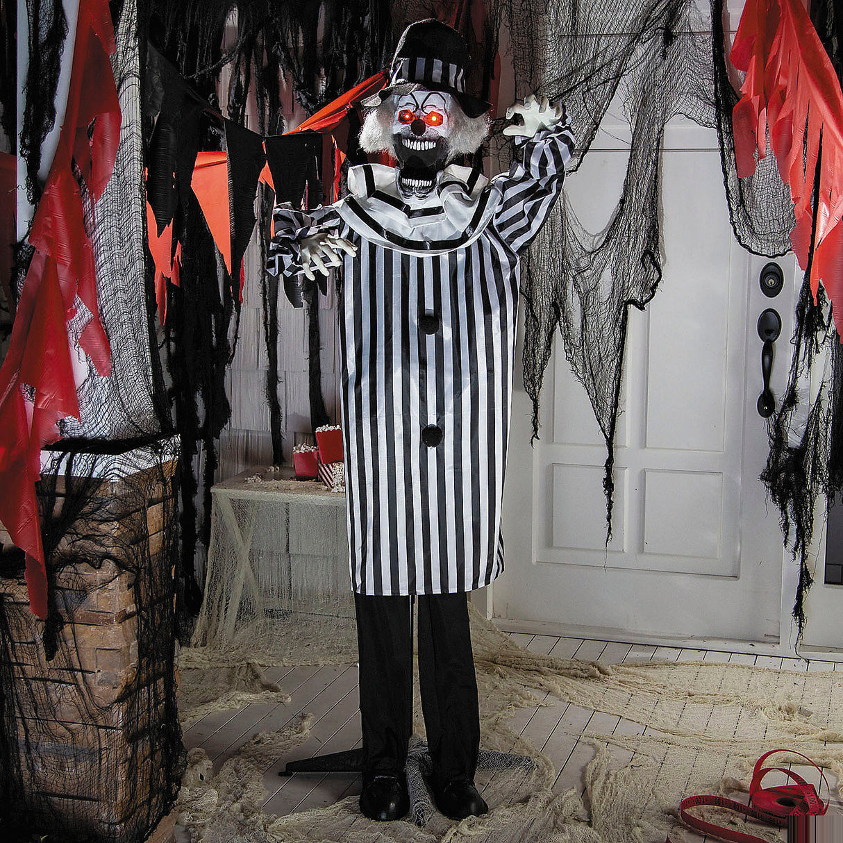 Animated Standing Black and White Clown Decoration for Halloween Parties and Spooky Events