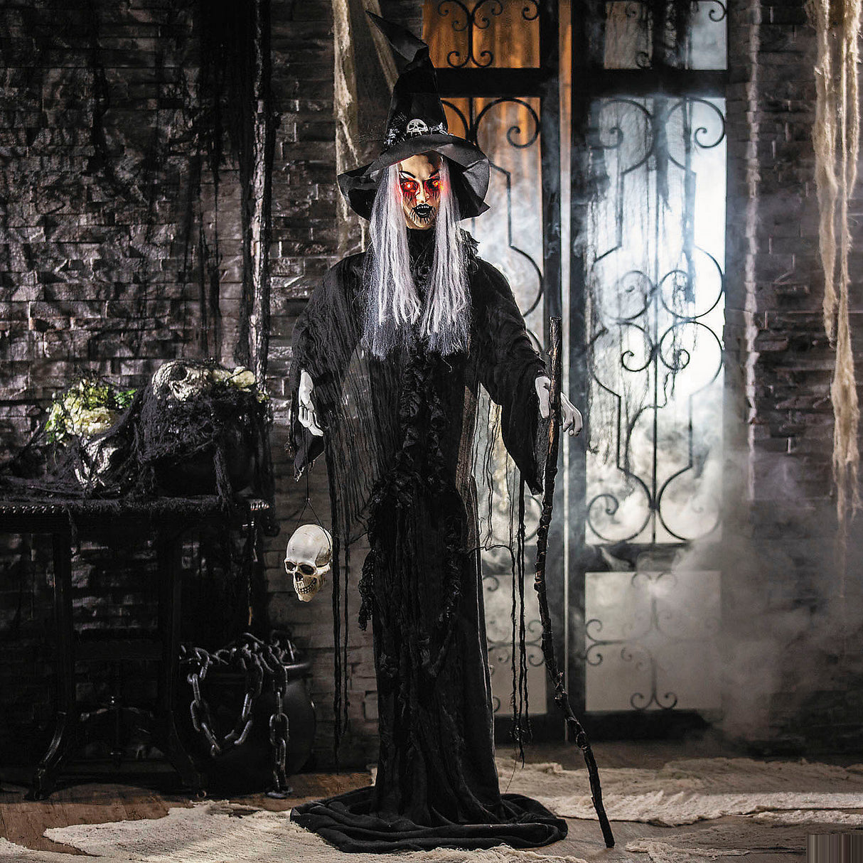 Animated 5 Ft 6 Inch Witch with Skull for Halloween Decorations and Spooky Home Decor