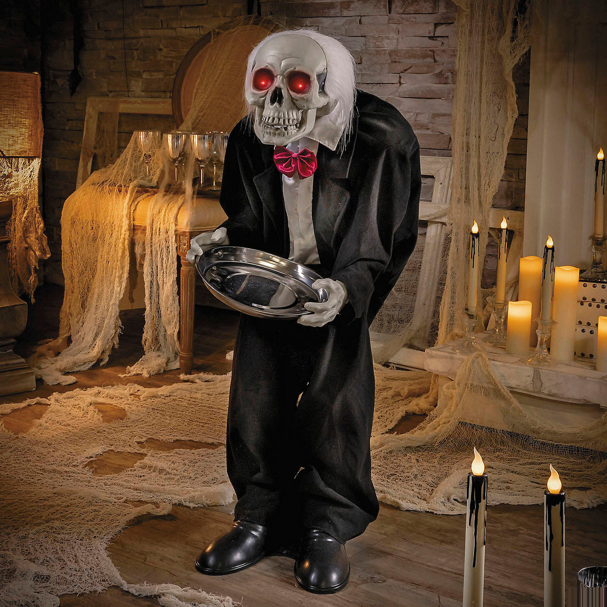Adorable 3 Ft Standing Black and White Skeleton Butler Decoration for Halloween Parties and Spooky Events