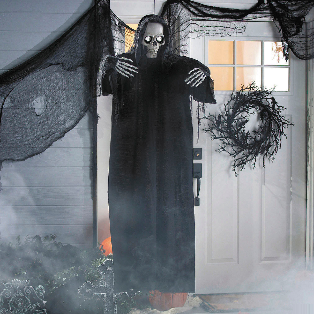 5 Ft. Animated Eyes Hanging Skeleton Reaper with Black Robe Halloween Decoration