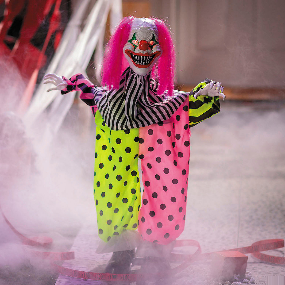 Animated Standing Clown with Pink Hair for Scary Halloween Decorations and Haunted House Displays