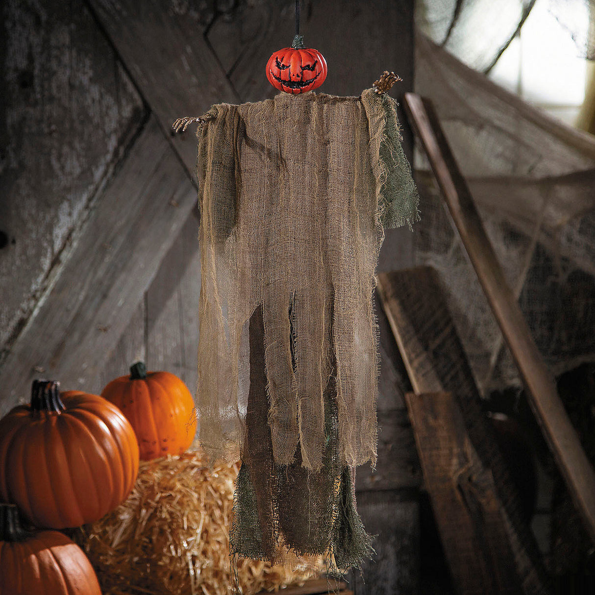 Decorative 2 Ft Hanging Green Pumpkin Man for Halloween Parties and Haunted House Displays