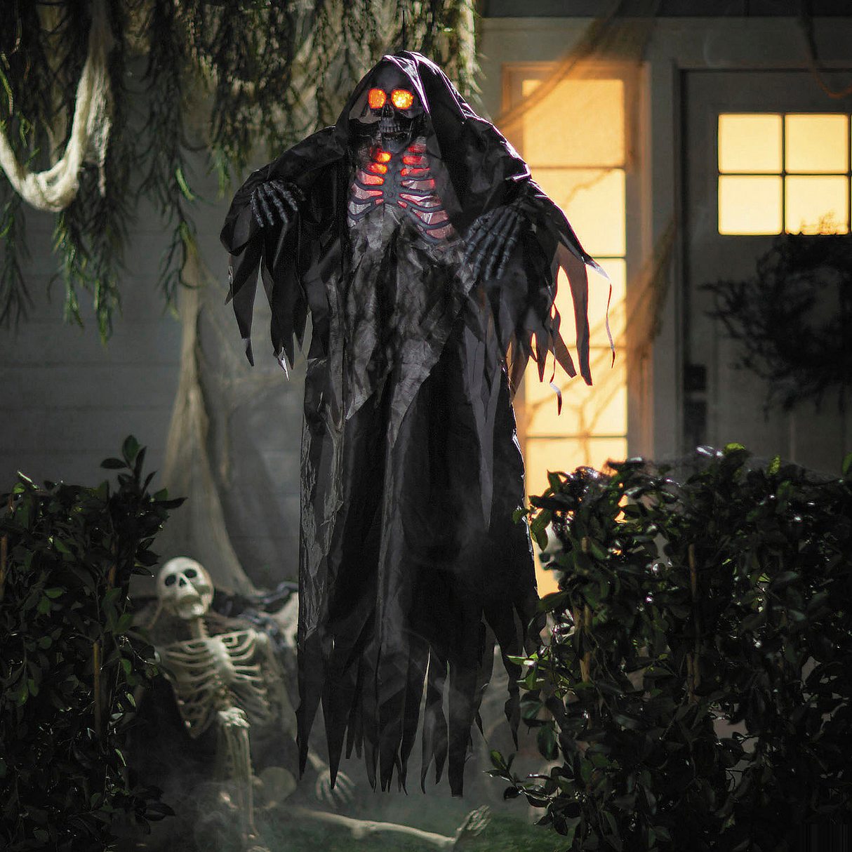5 Ft. 4" Light-Up Hanging Black & Gray Grim Reaper Halloween Decoration