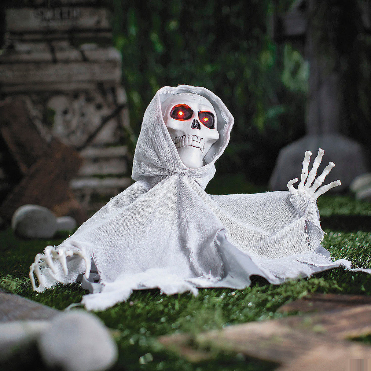 Animated Groundbreaker Skeleton with Hooded Cloak for Halloween Displays Party Themes and Spooky Decor