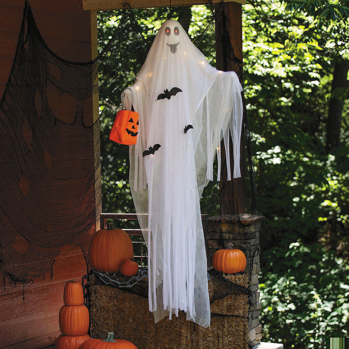 Light-Up Ghost Decoration with Pumpkin Bag for Halloween Parties and Themed Events