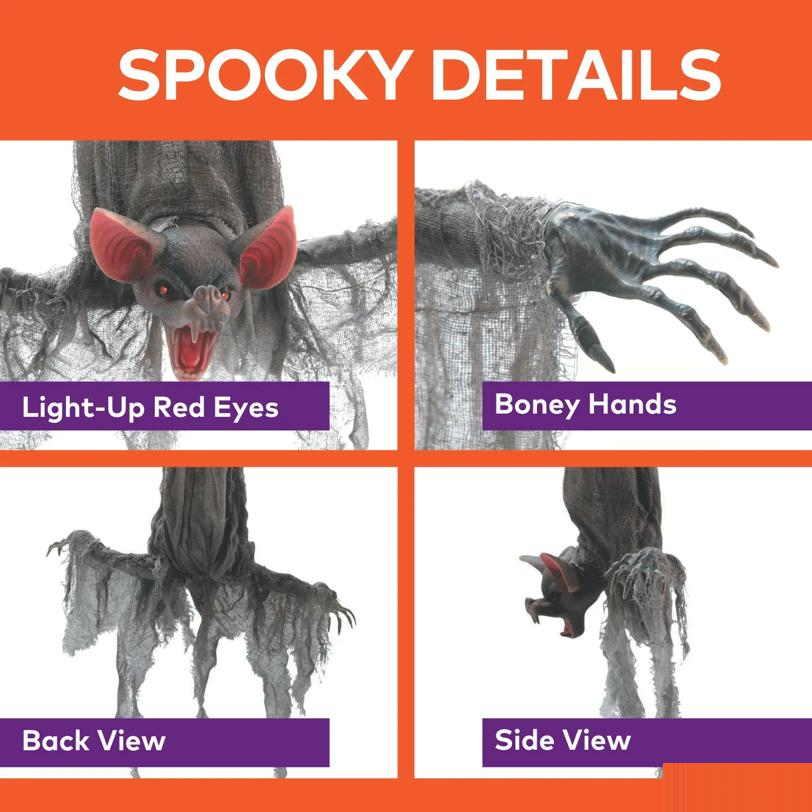 39 1/4" Animated Hanging Light-Up Upside-Down Gray Bat Halloween Decoration