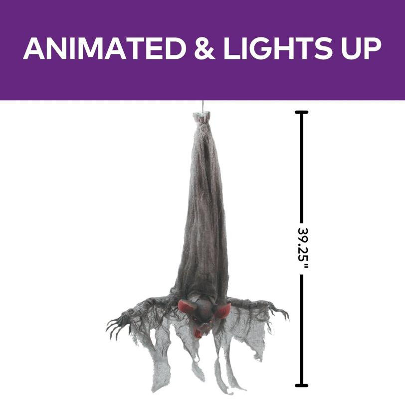 39 1/4" Animated Hanging Light-Up Upside-Down Gray Bat Halloween Decoration