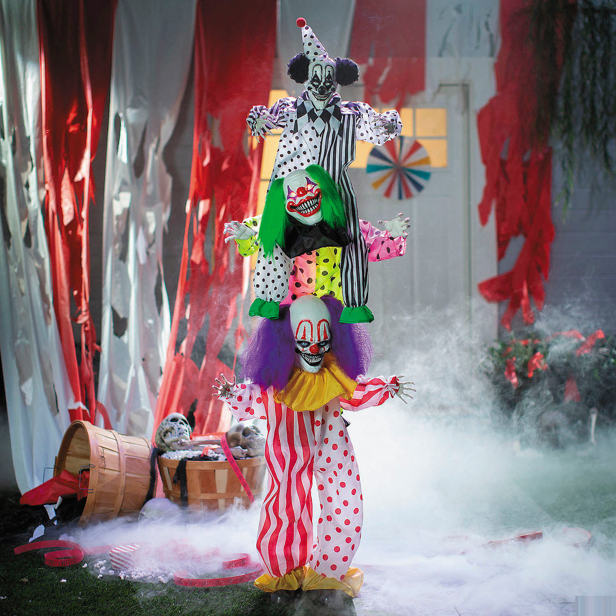 Scary 5 Ft 10 3/4 Inch Animated Light Up Clown Trio for Halloween Party Decorations