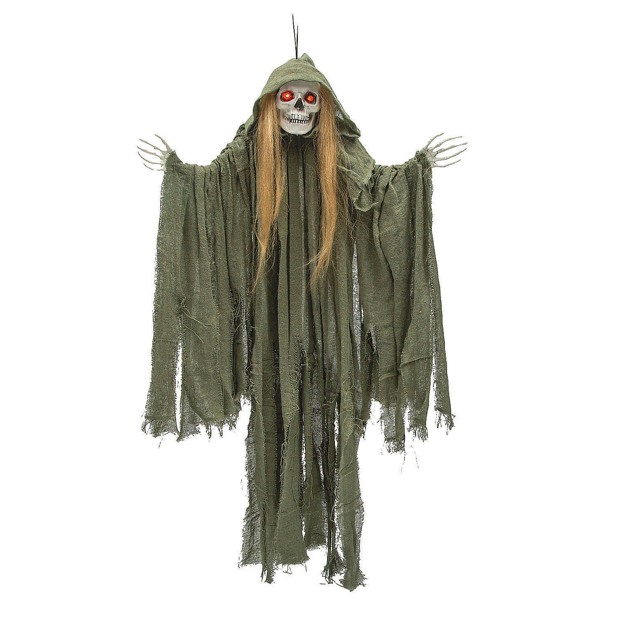 35 1/2" Light-Up Hanging Long Hair Skeleton Reaper Halloween Decoration