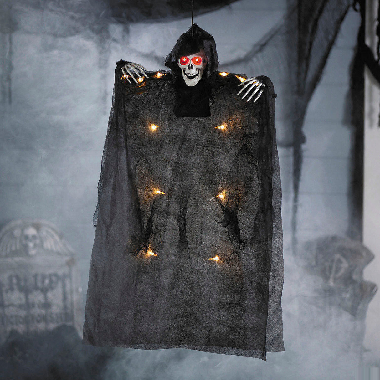 Light-Up Skeleton with Hooded Cloak for Halloween Porch Decor and Haunted House Themes
