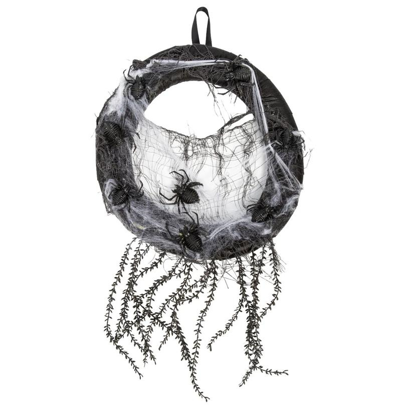 14 3/4" x 23 1/2" Black Wreath with Black Spiders & Spider Webs Halloween Decoration