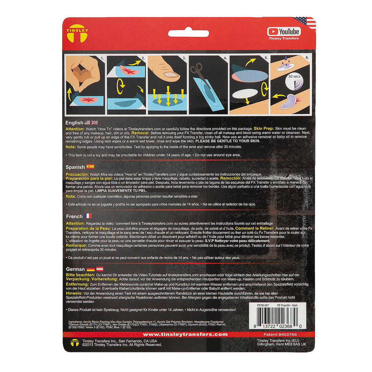 Tinsley Transfers Gash 3D FX Transfer Temporary Tattoos