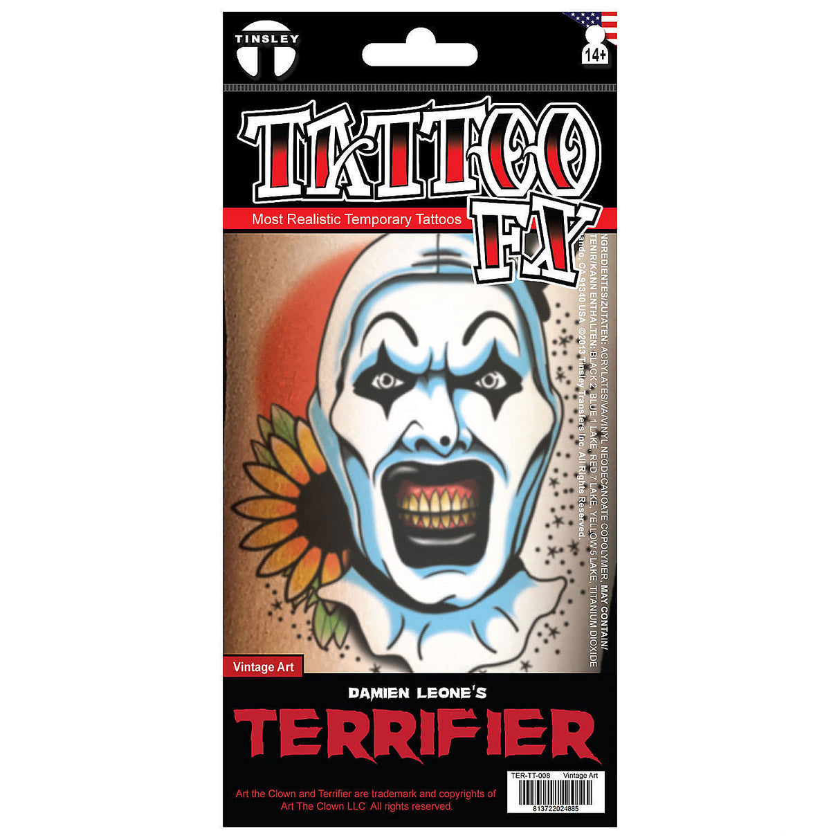 Tinsley Transfers Art the Clown Vintage Tattoo for Halloween Costume Events and Creepy Parties