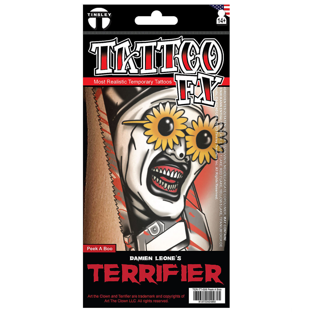 Tinsley Transfers Terrifier Art the Clown Peek A Boo Temporary Tattoo