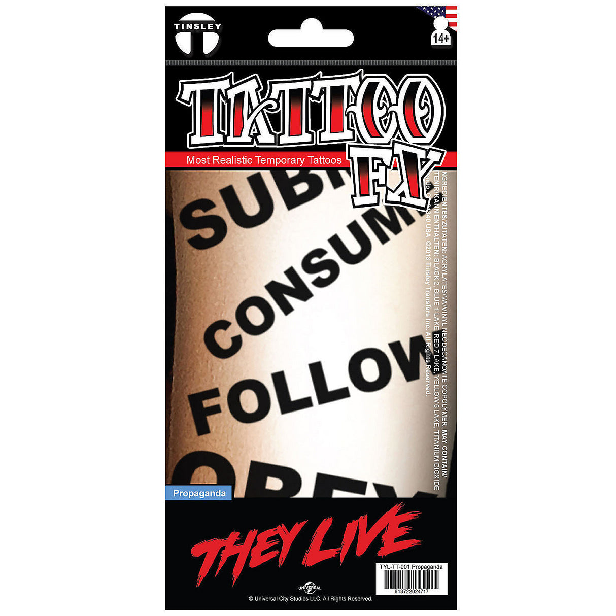 Tinsley Transfers They Live Propaganda Temporary Tattoo for Halloween Parties Costume Events and Creative Play
