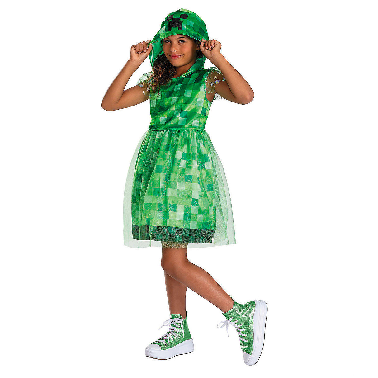 Kids Minecraft Creeper Hooded Dress Costume for Halloween Parties and Creative Dress Up Fun