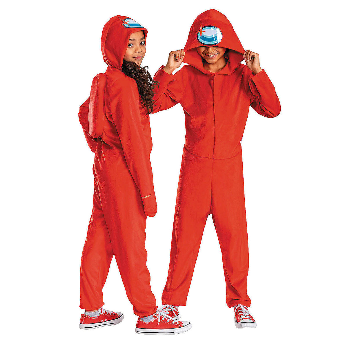 Kids Among Us Red Impostor Hooded Jumpsuit Costume for Halloween Trick Or Treating Adventures