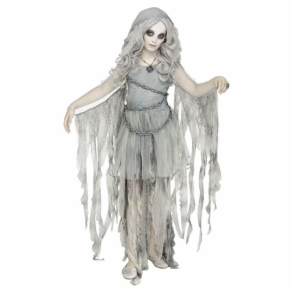 Charming Girls Gray Dress Enchanted Ghost Costume for Halloween Parties and Spooky Dress-Up Events