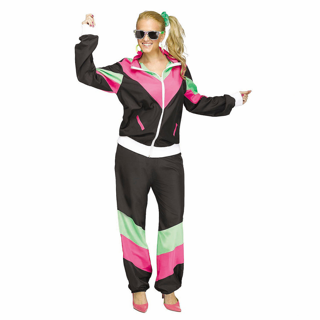 Authentic Womens Multicolor 80s Track Suit Costume for Disco Parties Halloween Events and Retro Celebrations