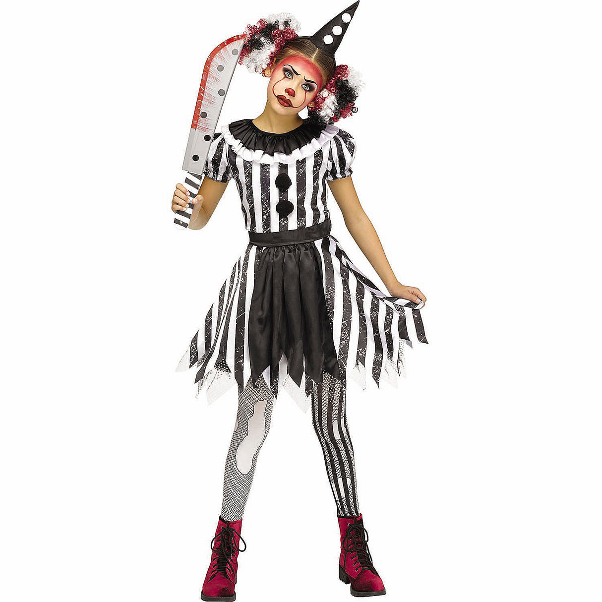 Girls Red Black and White Dress Karnevil Kut-Up Clown Costume for Halloween Parties Dress-Up Events and Scary Entertainment Fun