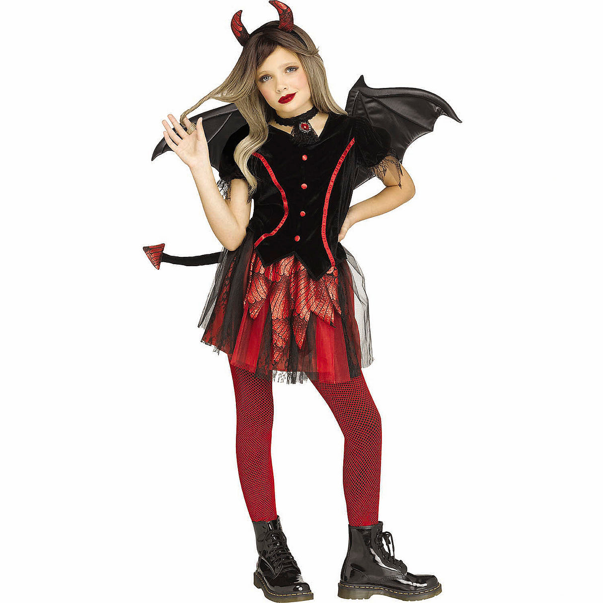 Girls Black and Red Dress Devil Costume with Wings for Halloween Parties and Themed Celebrations
