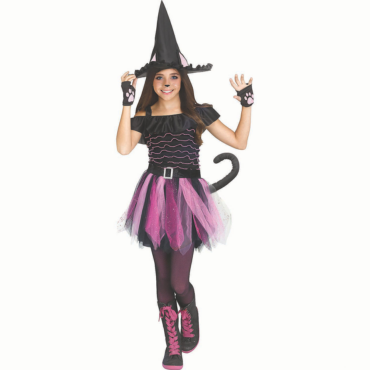 Cute Girls Black Polyester Witch Kitty Costume for Halloween Parties and Dress Up Fun