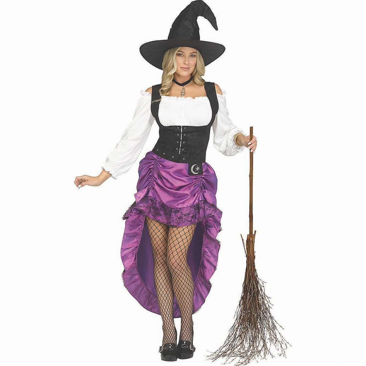 Women's Black Purple and White Renaissance Witch Dress Costume for Halloween Parties and Themed Events