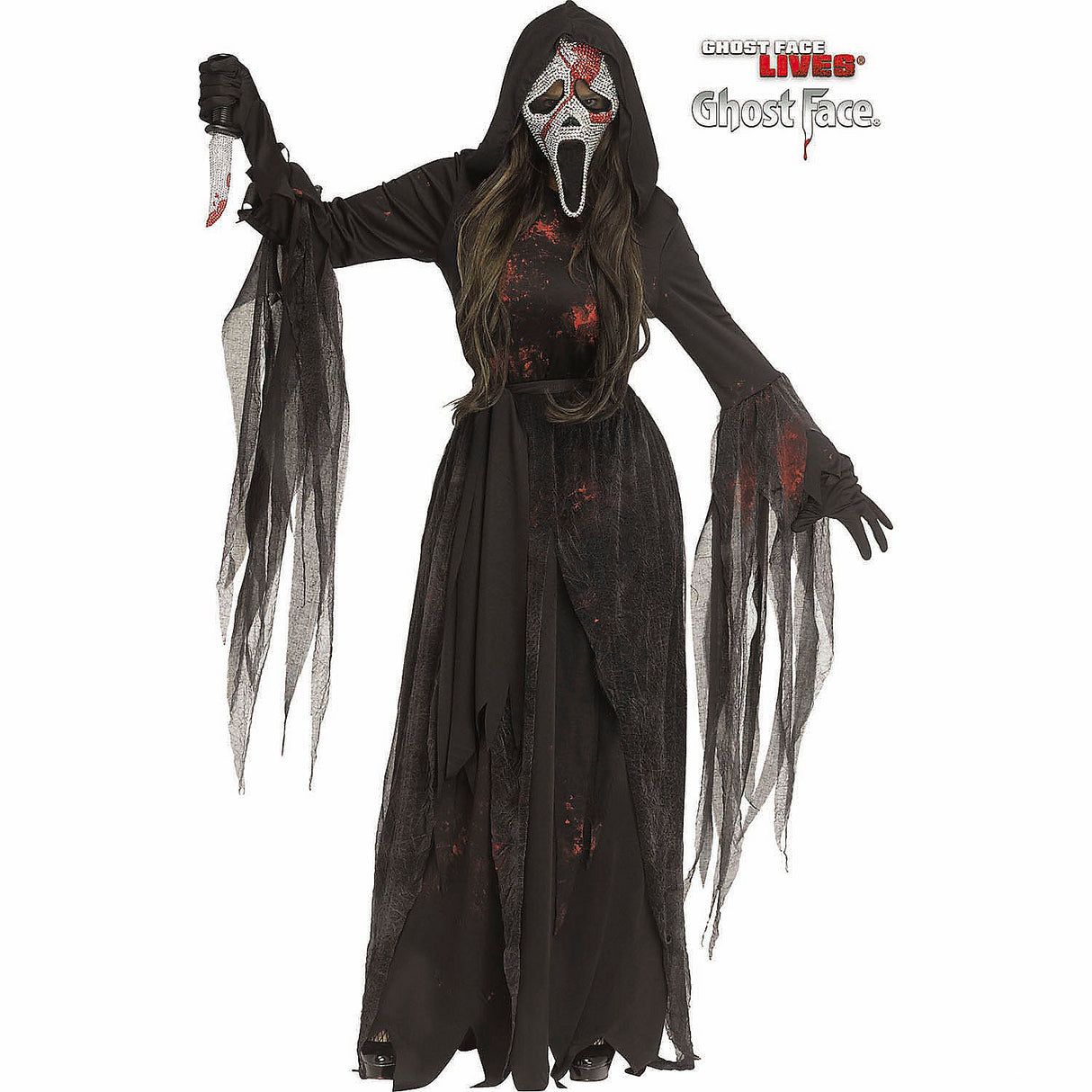 Adults Ghost Face Bloody Bling Hooded Gown Costume for Halloween Parties and Spooky Themed Events