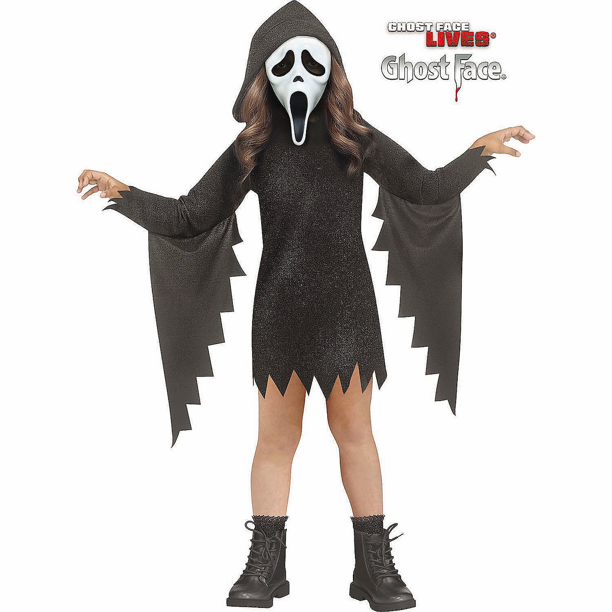 Toddler Ghost Face Glitter Bling Hooded Dress Costume for Halloween Parties and Spooky Dress Up Fun