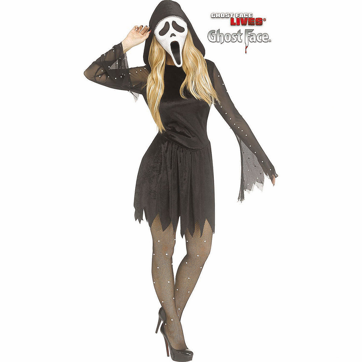 Elegant Adults Ghost Face Pearl Velour Dress Costume for Halloween Parties and Themed Events