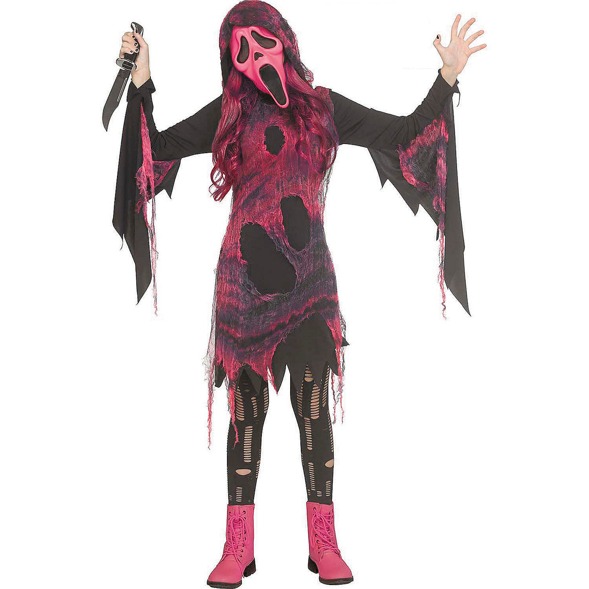 Kids Ghost Face Pink Chrome Hooded Dress Costume for Halloween Parties and Spooky Dress-Up Events