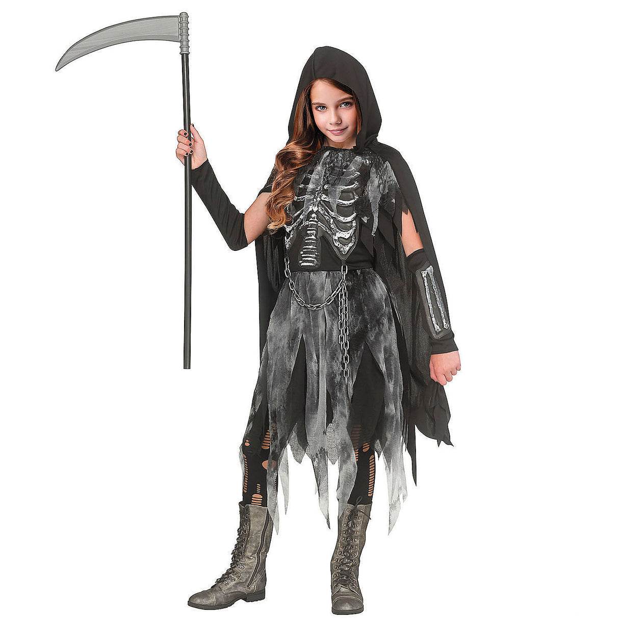 Haunting Kids Bone Reaper Dress with Cape Costume for Halloween Trick or Treat and Spooky Dress Up