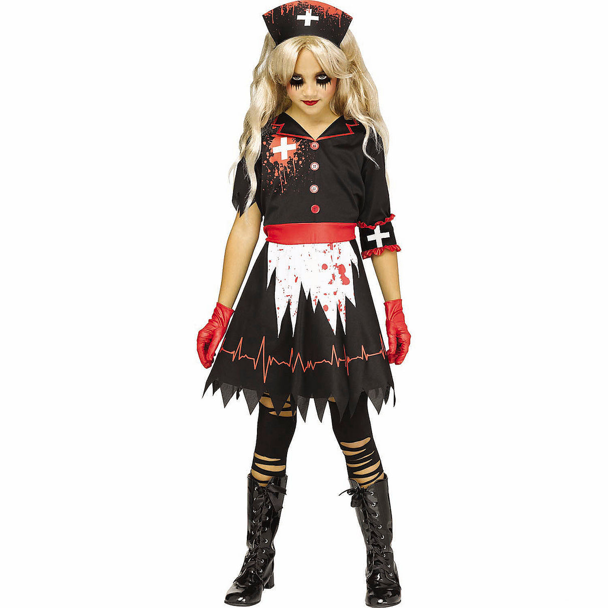 Creepy Girls Black Red and White Nurse Costume for Halloween Parties and Scary Dress Up Events
