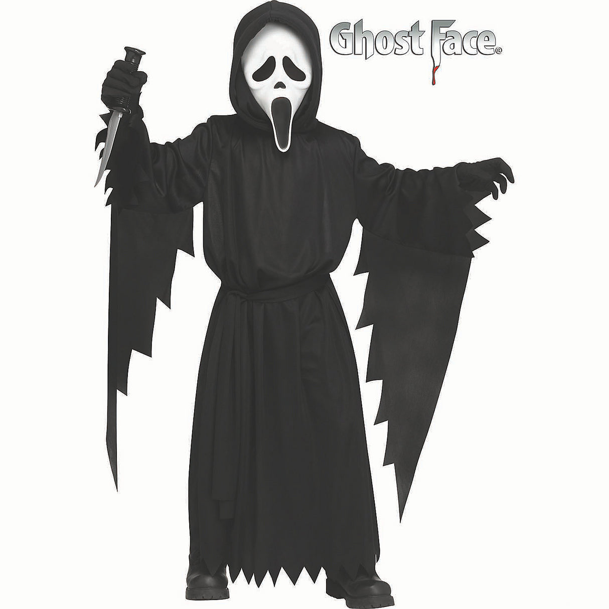 Toddler Ghost Face Costume with Black Robe and Iconic Mask for Halloween Parties and Dress-Up Fun
