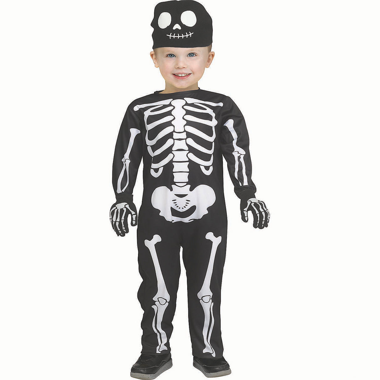Cute Toddler Black and White Skeleton Jumpsuit Costume for Halloween Trick or Treating and Dress Up Events