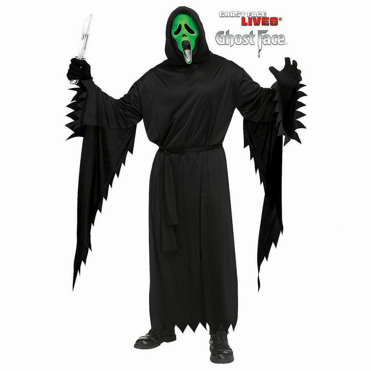 Kids Ghost Face Costume with Black Robe and Green Fluorescent Mask for Halloween Parties and Spooky Events