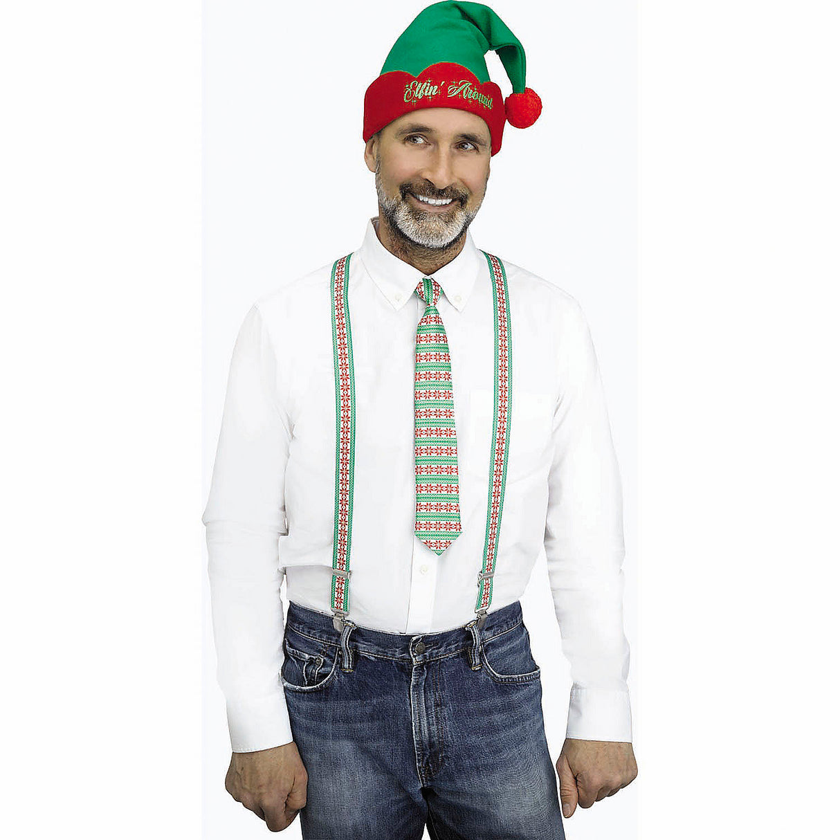 Festive Adults Red Green Stripe Holly Day Christmas Suspenders Kit for Holiday Parties and Season Celebrations