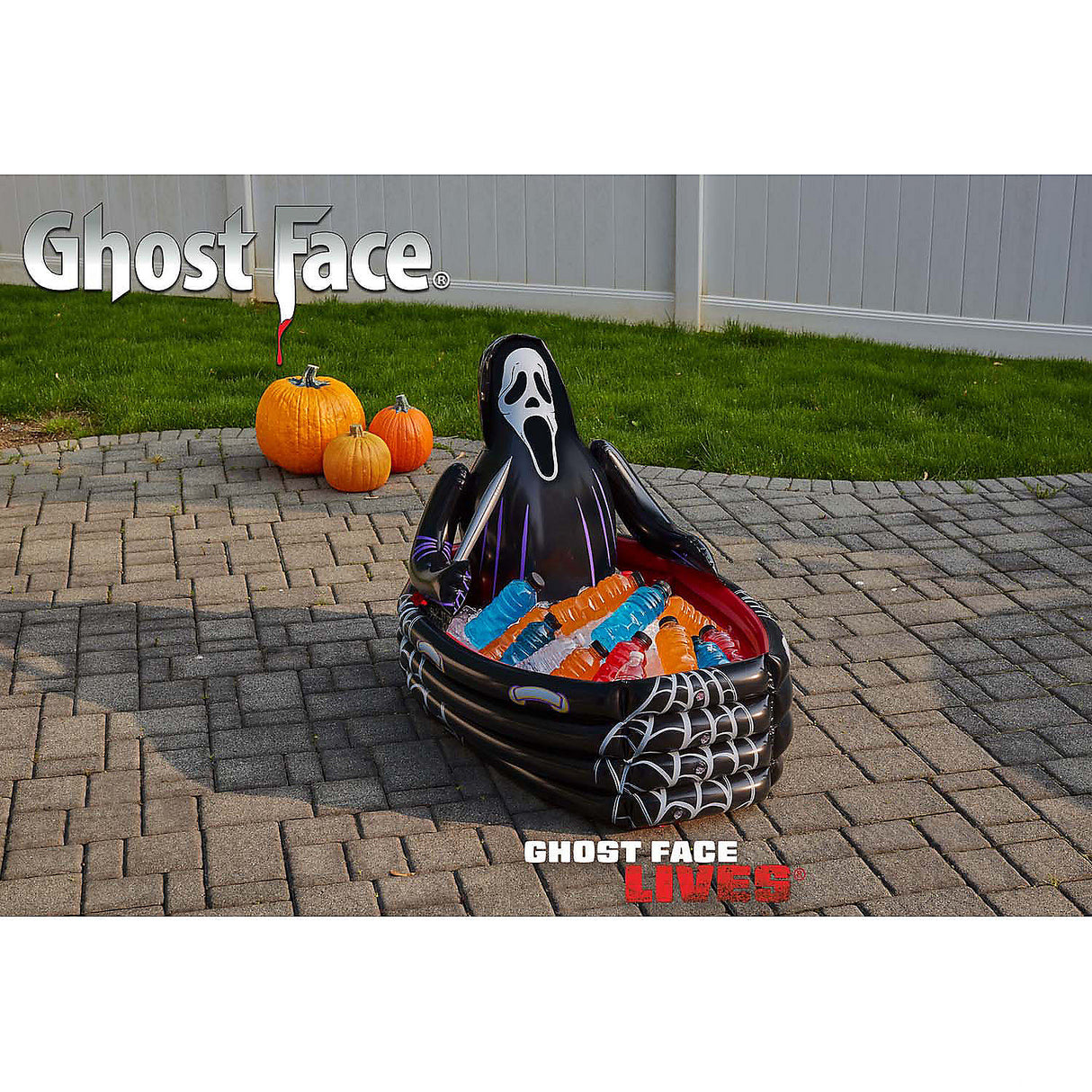 Inflatable Black and White Ghost Face Coffin Cooler for Halloween Parties Spooky Gatherings and Themed Events