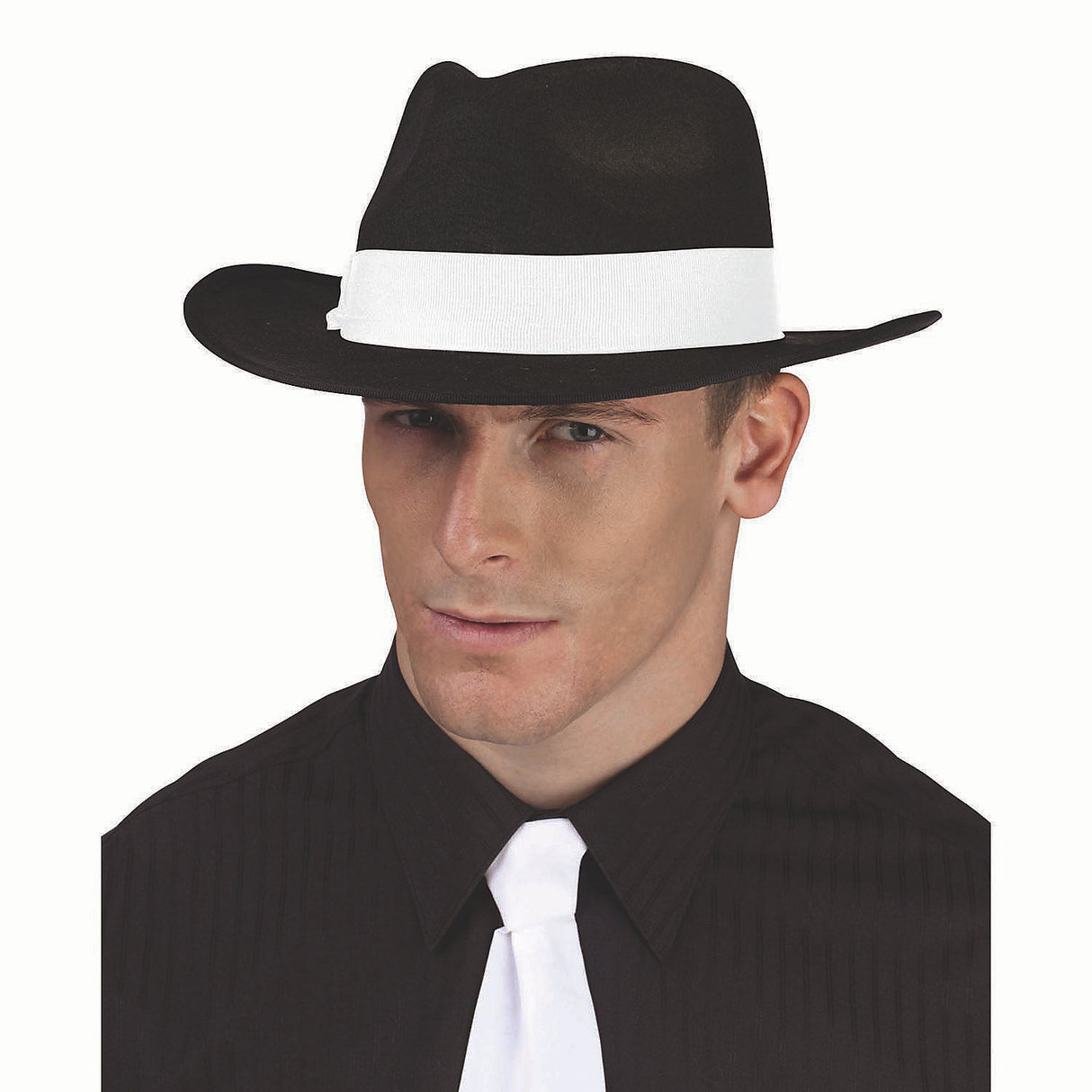 Stylish Black Polyester Fedora Hat with White Ribbon for Gangster Costume Halloween and Themed Events