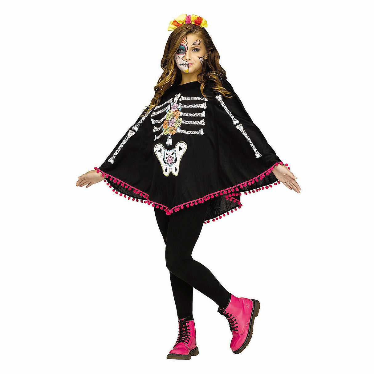 Kids Day of the Dead Skeleton Poncho for Halloween Celebrations and Costume Parties