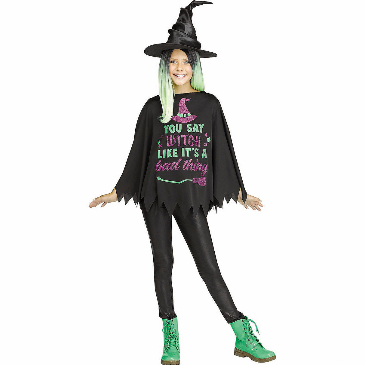 Fun Kids Black Green Purple Witch Poncho Costume for Halloween Parties and Creative Dress Up